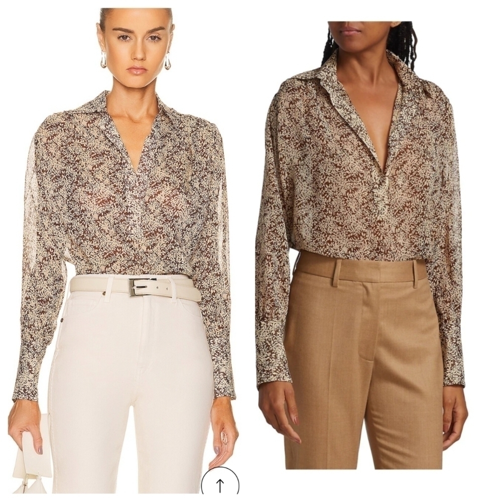 NILI LOTAN x FWRD Colleen Leaf Print Brown Silk Blouse Size XS